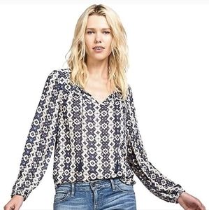 Lucky Brand Boho Blue/Ivory Tassle Ties Blouse Large